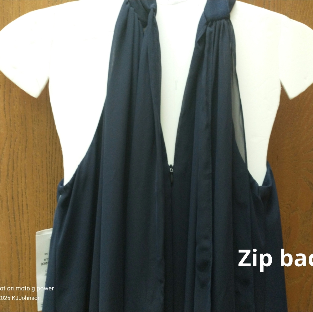 Elegant Formal Navy Blue Wide Leg Chiffon Jumpsuit By Prelude Size L - Picture 5 of 12
